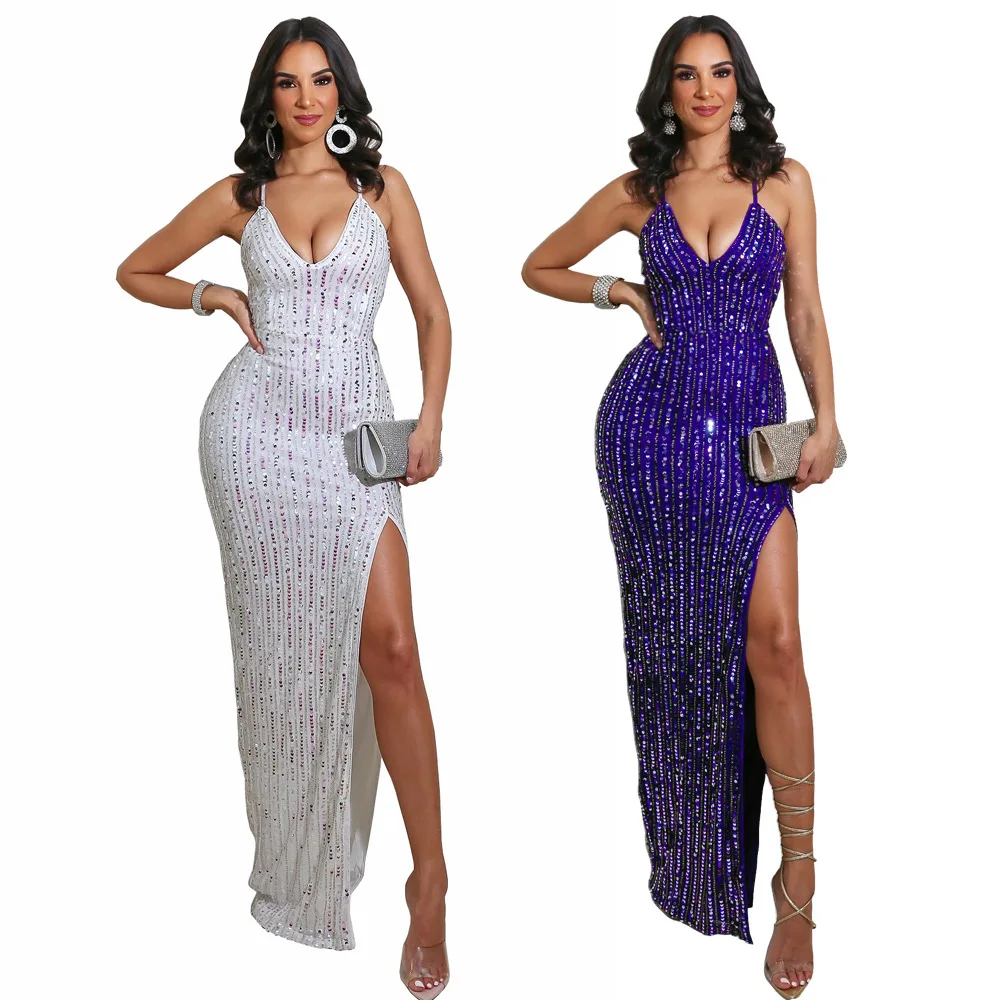 

White Sequins Party Maxi Dresses for Women Christmas New Year Sexy Deep V-neck Sleeveless Halter Slit Spaghetti Strap Dress