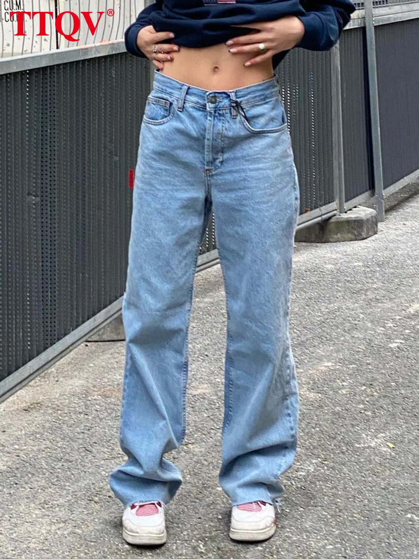 

TTQV Fashion Dark Blue Cotton Jeans Women 2022 Vintage Simple Straight Trousers Casual Solid High Waisted Jeans Female Clothing