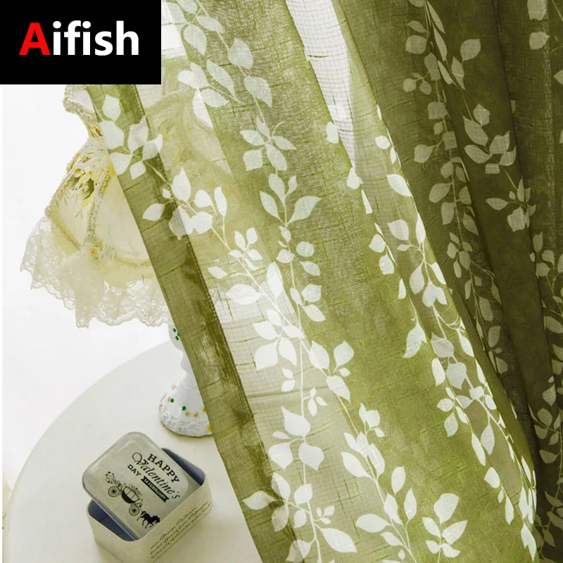 

Simple Modern Gauze Green Burnt-out Curtains Living Room Bedroom kitchen Imitation Hemp Printing Sheer Tulle