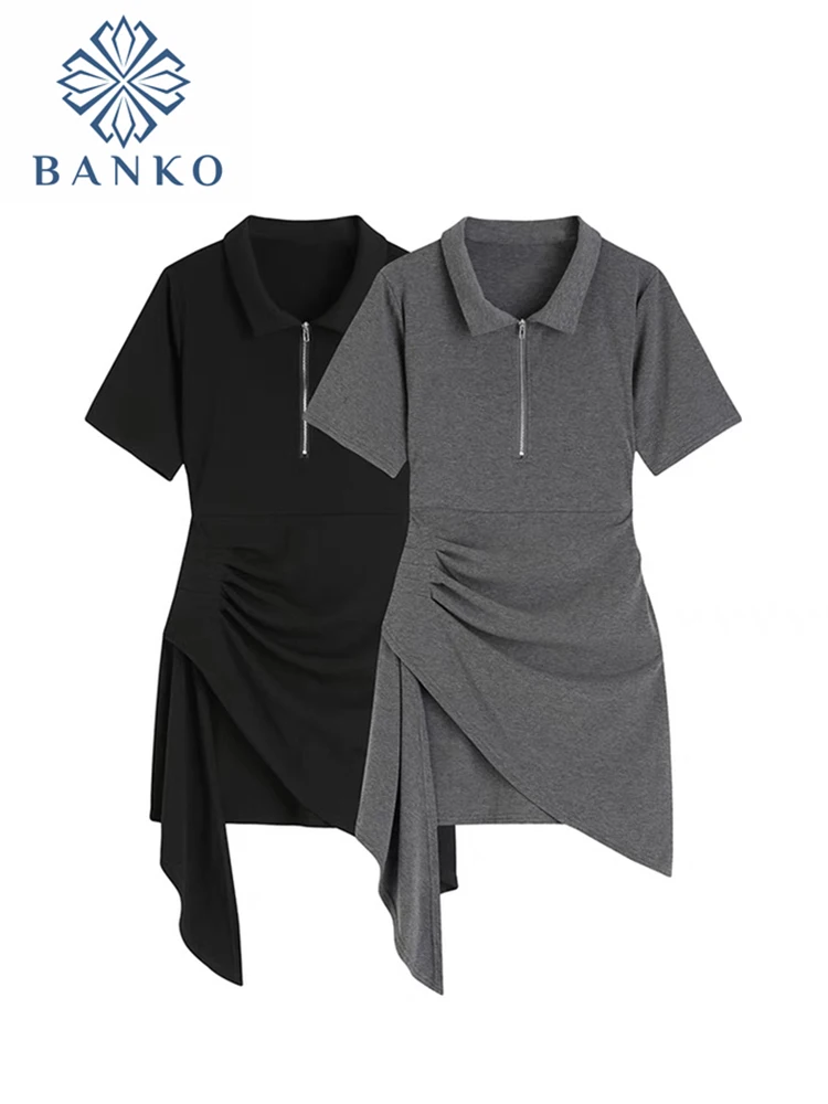 Sexy Short Sleeve Shirt Dress Women Zipper Bodycon Folds Irregular Mini Vestidos 2022 Summer Polo Neck Solid Color A-line Dress