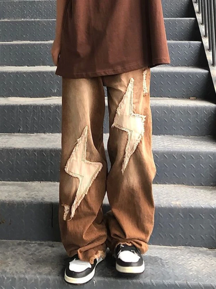 Streetwear Men Jeans High Street Vintage Baggy Pants Denim Y2k Harajuku Hip Hop Wide Leg Trousers Embroidery Patchwork Casual