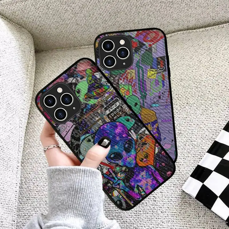 

RuiCaiCa Aesthetics Cartoon Aliens Phone Case Hard Leather Case for iPhone 11 12 13 Mini Pro Max 8 7 Plus SE 2020 X XR XS Coque