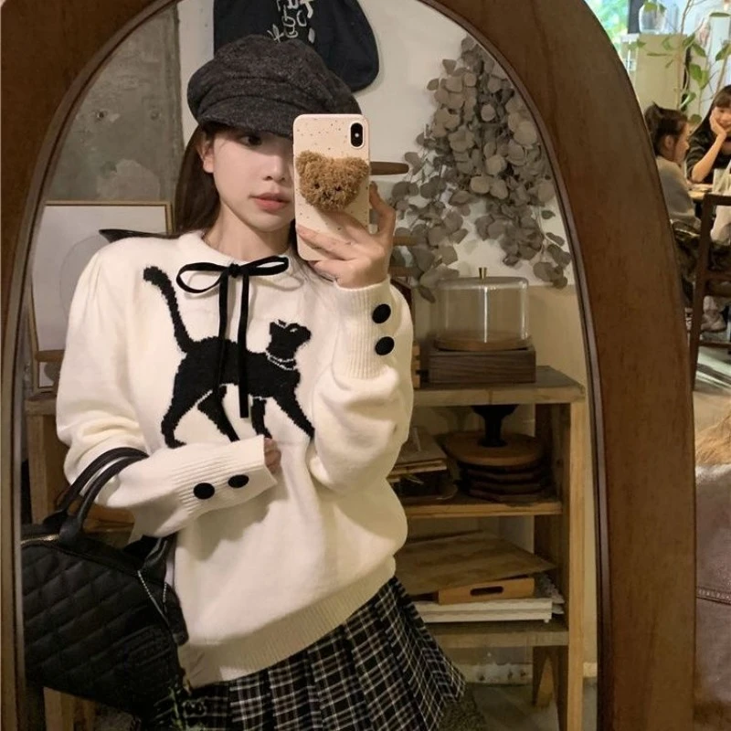 Свитер Ezgaga женский пуловер с рисунком кота и бантом осень-зима круглым вырезом