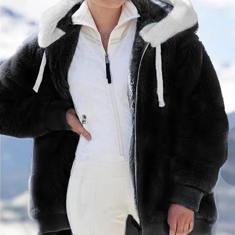2022 New Autumn  Winter Loose Plush Zip Hooded Coat for Women Casual Women Faux Fur Hooded Jackets  Zippers  Rex Rabbit Fur