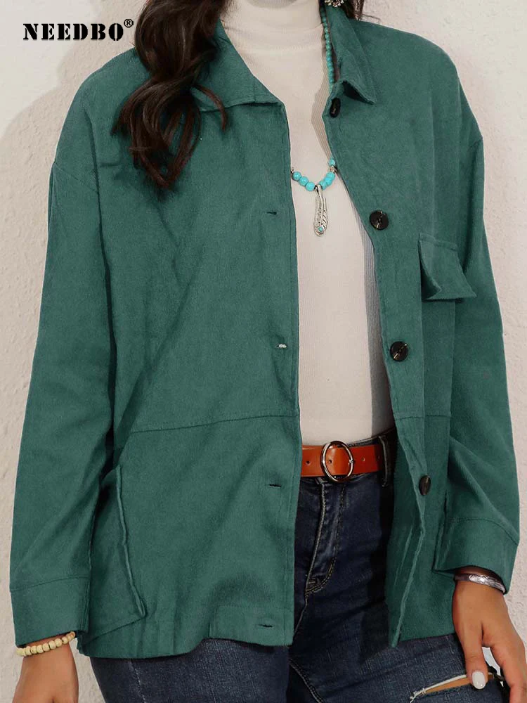 NEEDBO вельветовые осенние куртки с отложным воротником и карманами на пуговицах