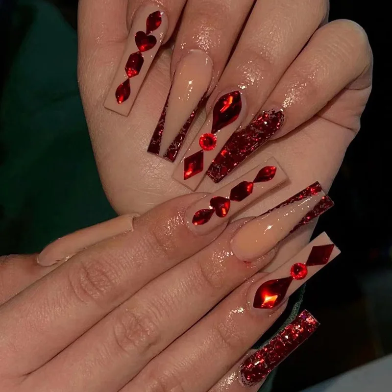 

24Pcs Claret Rhinestones Nail Tips Bling Glitter3D Red Full Cover Press On Nails With Glue French Fake False Nail Art Fingertips