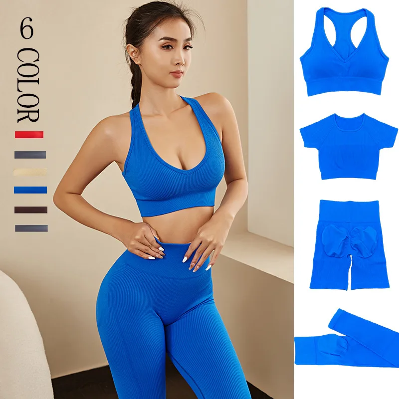 

Ribbed Woman Sportswear Yoga Clothing Set V-Neck Bra Quality Stretch Woman Buttock Lift Leggings Running Pants GYM Outfits