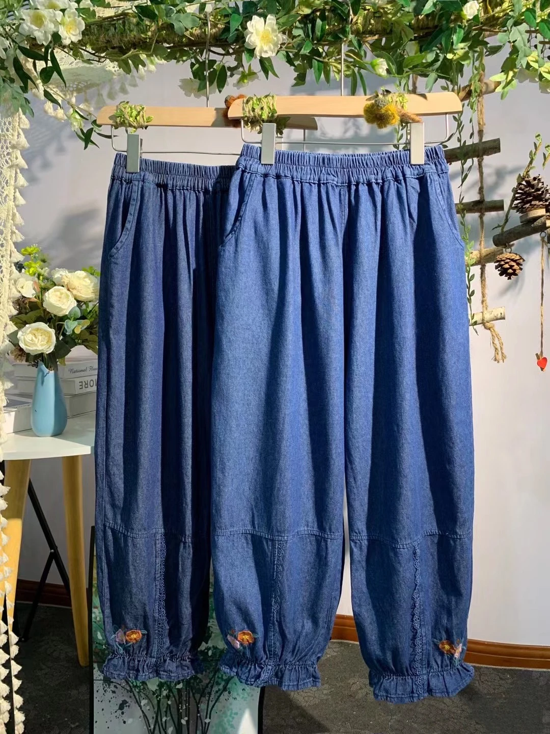 Джинсы с вышивкой Mori Girl женские винтажные свободные хлопковые брюки до щиколотки