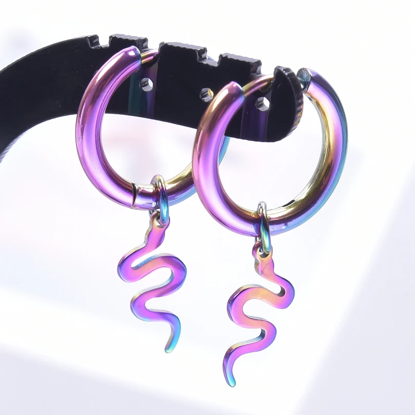 Rainbow Stainless Steel Earrings For Women/Men Vintage Jewelry Hoop Ear Piercing Feather Alien Charm Earring Pendientes Aretes images - 6