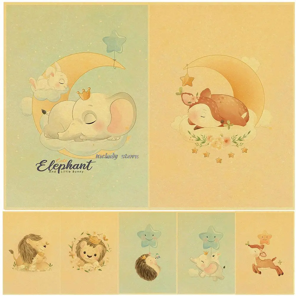 

Vintage Kids Room Posters Animals With Moon And Star Prints Baby Wall Art Pictures Decor Nursery Kidsroom Kraft Painting