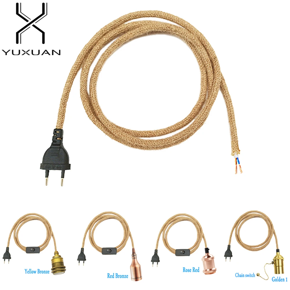 

Retro Power Cords Hemp Rope Twiste Cable 2m 3m EU Plug with E26 E27 Vintage Lamp Bulb Holder for Hanging Lights Decor
