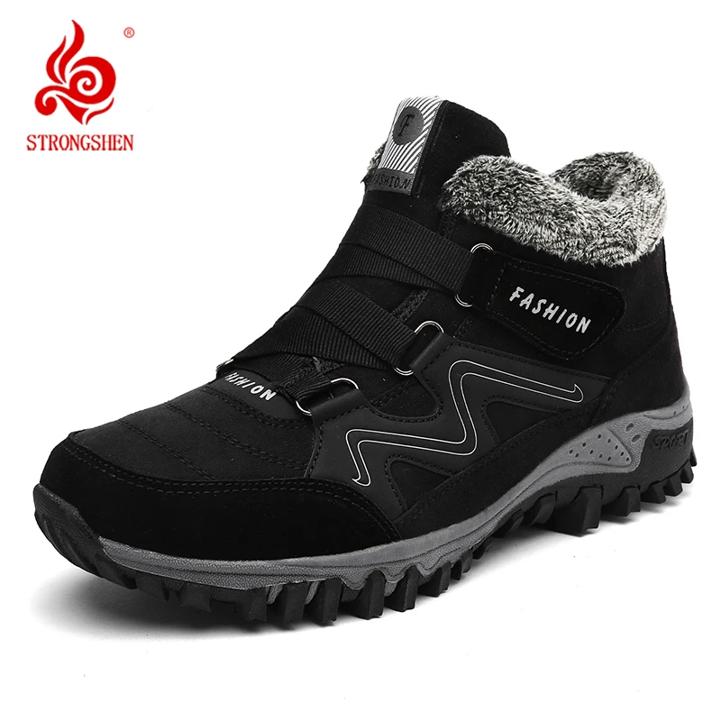 

STRONGSHEN Winter Men Women Snow Boots Leather Warm Thick Plush Ankle Boots Waterproof Female Wedge Suede Boots Non-Slip Shoes