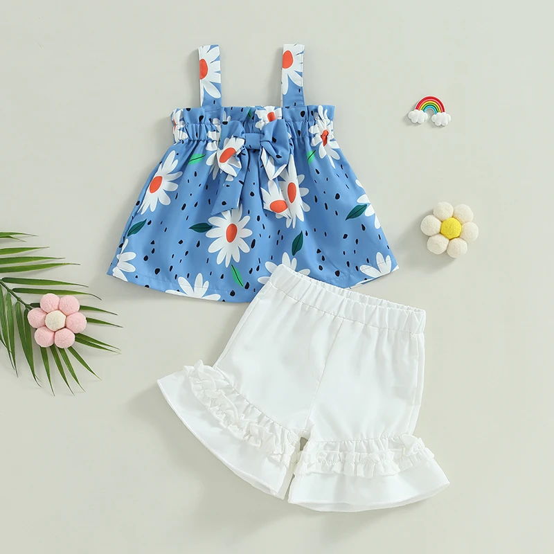 

1-5Years Toddler Baby Girls Summer Outfit Fashion Sleeveless Cute Floral Sling Vest Tops + White Shorts Pants 2pcs Clothes Sets