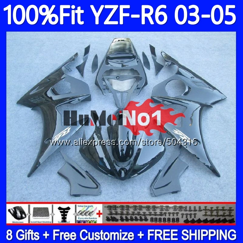 

100%Fit Kit For YAMAHA YZF600 YZF R6 600CC YZF 600 R 6 CC 5MC.8 YZF-600 YZF-R6 2003 2004 2005 YZFR6 03 04 05 Fairing Gloss black