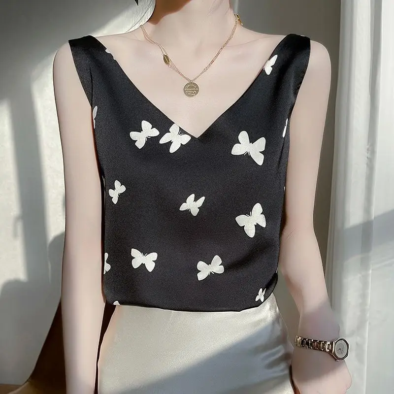

Summer New Style Satin Round-neck Silk Top Satin Suspender Temperament Versatile Sleeveless Printing Bottomed Satin Vest Top