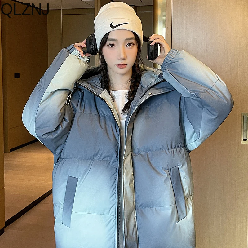 Winter Thick Warm Gradient Parkas Men Clothing 2023 Fashion Zipper Hooded Coats Women Cotton Padded Jacket Unisex Oversize Parka