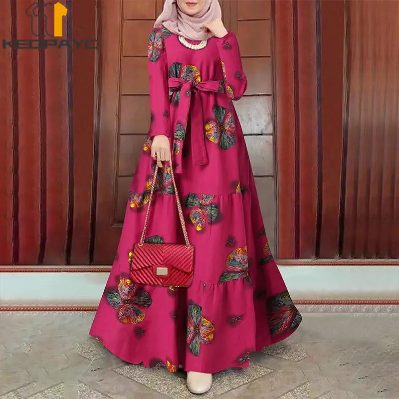 Muslim Women Dubai Abaya Cotton Linen Long Dress Kaftan Islam Arab Vintage Print Dresses with Belt Robe Middle East Eid Clothing