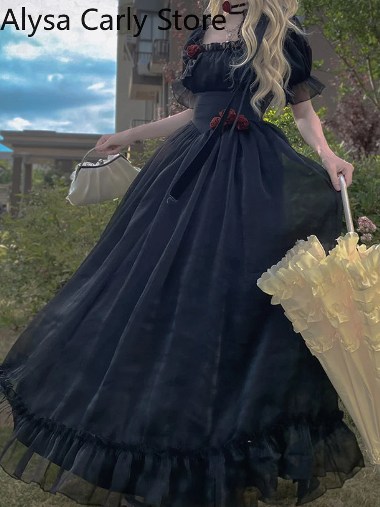 

Elegant Princess Gothic Dress Women Black Sexy Backless Design Lolita Dress Female 2022 Autumn Casual Korean Kawaii Sweet Dress