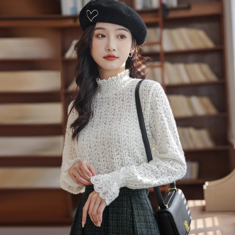 

Женская кружевная блузка, белая облегающая блузка с длинным рукавом и полувысоким воротником в Корейском стиле, повседневная одежда, лето ...