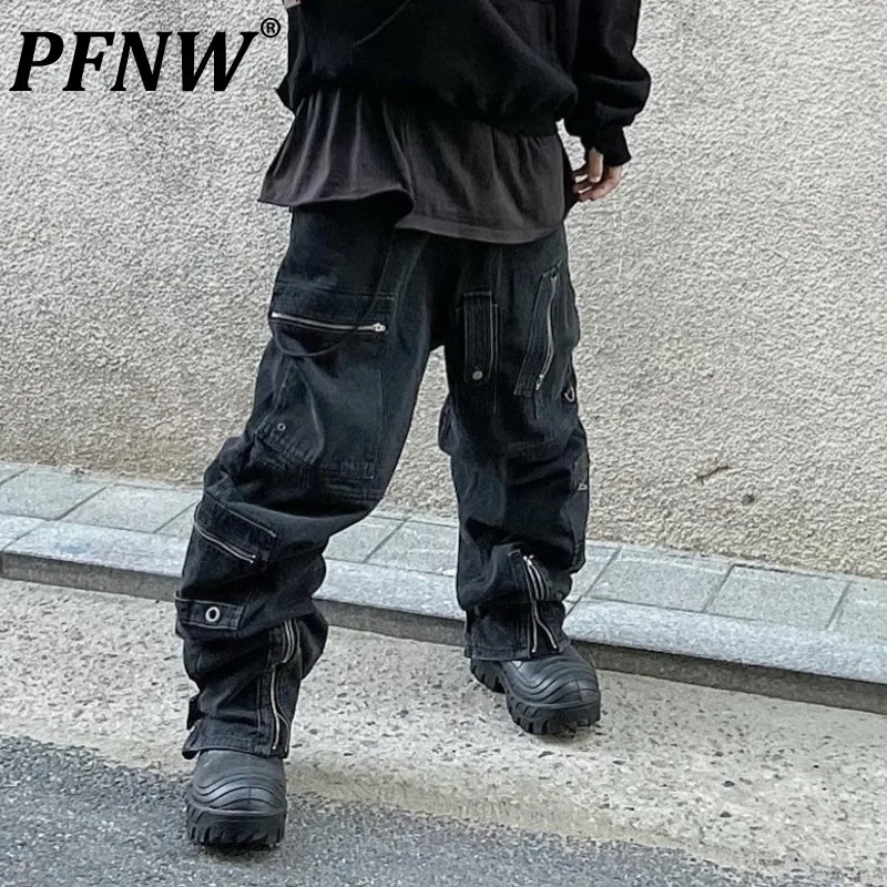 

PFNW Sping осенние мужские шикарные джинсы темного цвета модные силуэты прямые металлические нишевые дизайнерские толстые джинсовые брюки 12A8106