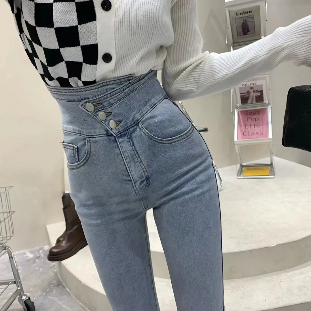 

Fashion Street Wear Denim Skinny Jeans for Women High Waist Slim Female Trousers Vintage Elegant Three Buttons Pencil Pants L16
