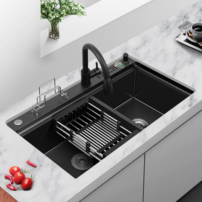 

Stainless Steel Black Sink Undermount Knife Shelves Drain Pipe Nozzle Mixer Taps Filter Fregaderos De Cocina Bathroom Sink