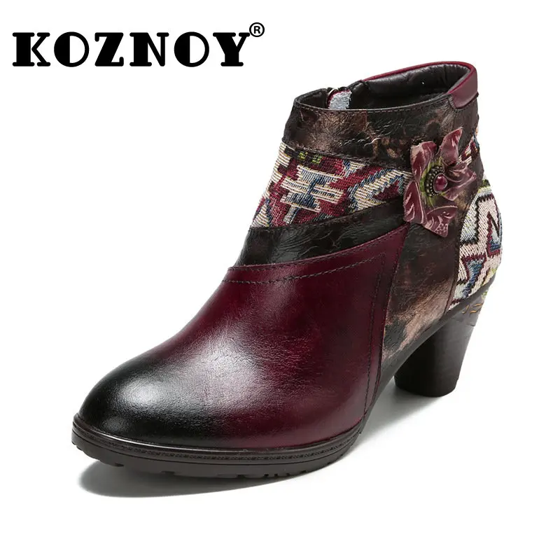 

Koznoy 5cm Calico Ankle Mid Calf Boots Genuine Leather Autumn Spring Booties Woman Plush Print Cloth Comfy Winter Fashion Shoes