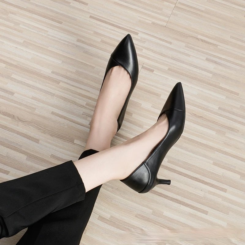 

Ladies Black Stiletto Heels Faux Leather Rubber Sole Slip on Pointed Toe Shoes Sexy Work Office Shoes Woman High Heel Pumps Girl