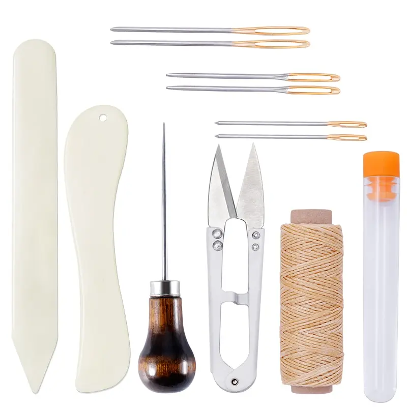 Nonvor Leather Craft Bookbinding Kit Starter Tools, Plastic Bone Folder Creaser Waxed Thread, Leather Sewing Needles Scissors