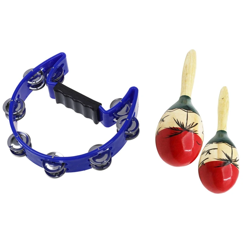 

1X Tambourine Blue Hand Held With Double Row Metal & 1 Pair Wooden Large Maracas Rumba Shakers Rattles Sand Hammer