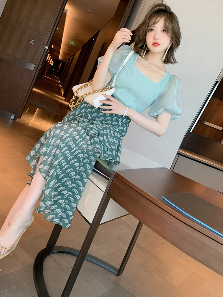 

High-End Fashionable French Style Lantern Sleeve Slim Top Irregular Ruffled Printed Skirt 2021 Summer Clothes Elegant Outfit