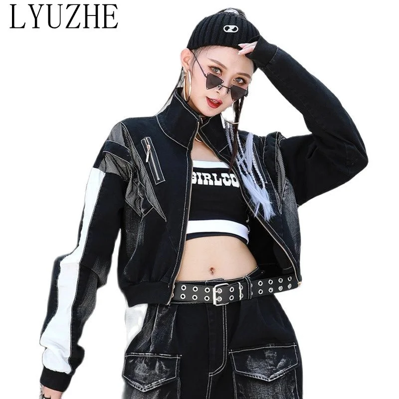 

LYUZHE Street Style Handsome Contrast Color Letter Print Distressed Denim Jacket Women 2023 Spring Autumn Denim Jacket TT201L