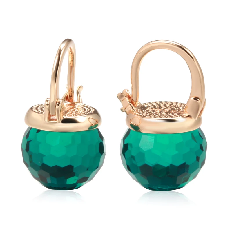 

New 585 Rose Gold Glass Ball Drop Earrings Hang Ear Football Cut Emeral Red Crystal Clip Earrings Elegant Wedding Fine Jewelry