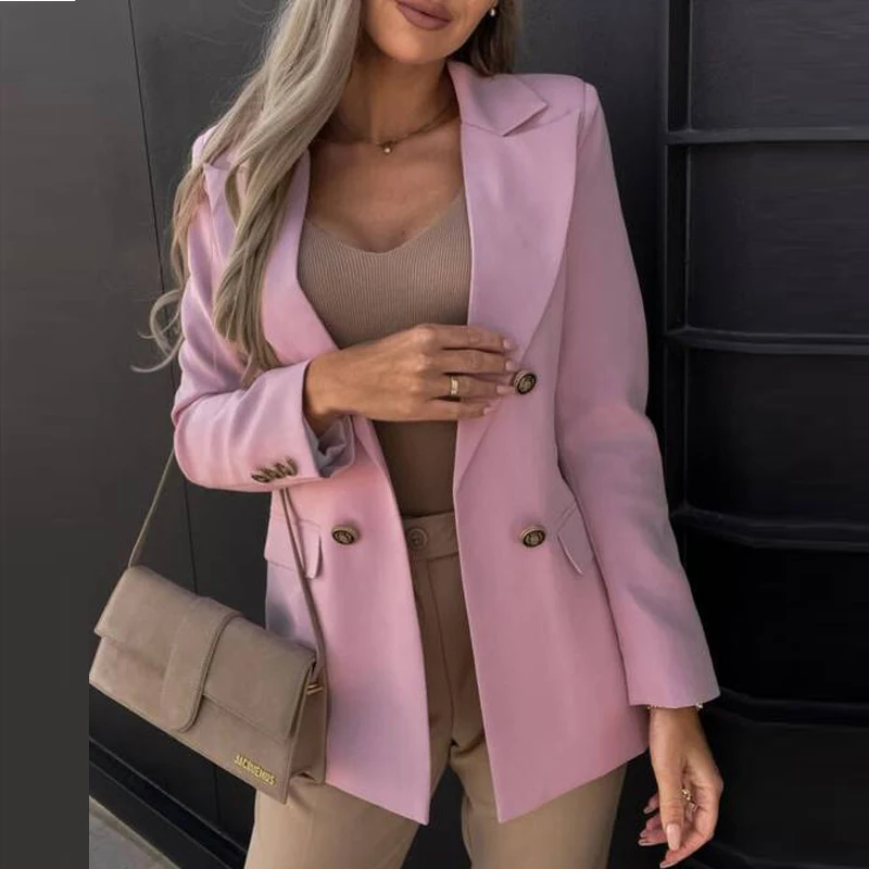 

Fashion Blazer 2023 Spring Autumn Women's Commuter Double Breasted Loose Suit Casaul Turndown Collar Solid Color Jacket For Lady