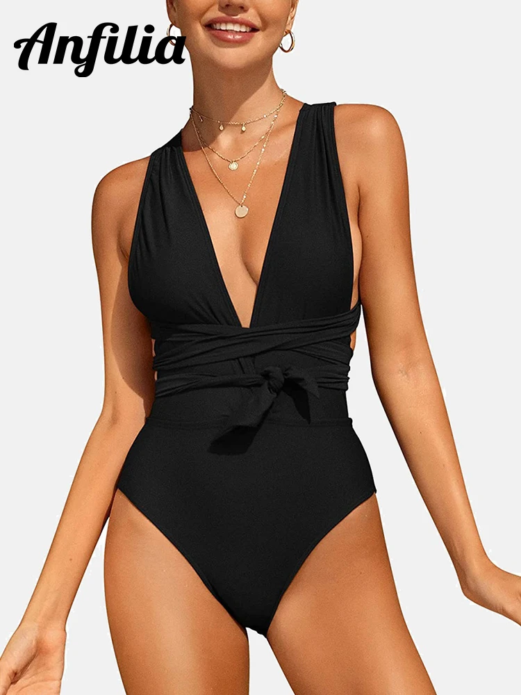 

Anfilia Women's Sexy One Piece Swimsuits Plunge V Neck Self Tie Monokini Backless High Cut Bathing Suits