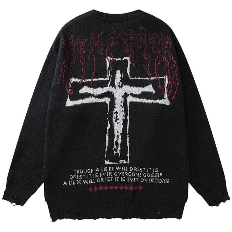

Vintage Sweaters Y2K Grunge Streetwear Hip Hop Ripped Hole Knitted Cross Punk Gothic Jumpers Fashion Harajuku Casual Pullover