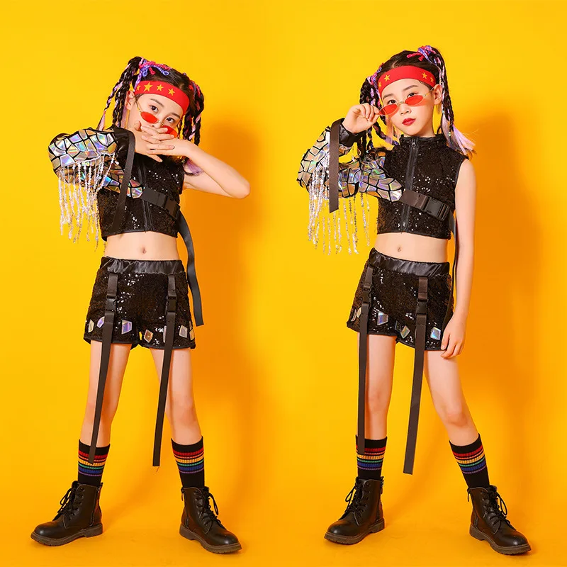 

2023 Children Hip Hop Dance Clothes Lattice Tops For Girls Casual Cargo Pants Jazz Performance Rave Wear Street Dance Costume