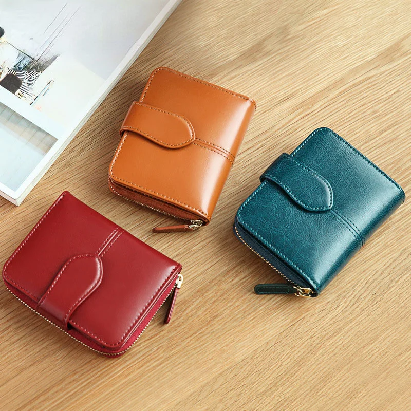 Oil Wax Women Wallet PU Leather Small Short Card Holder Ladies Coin Purse Women Wallets Red RFID Money Bag images - 6