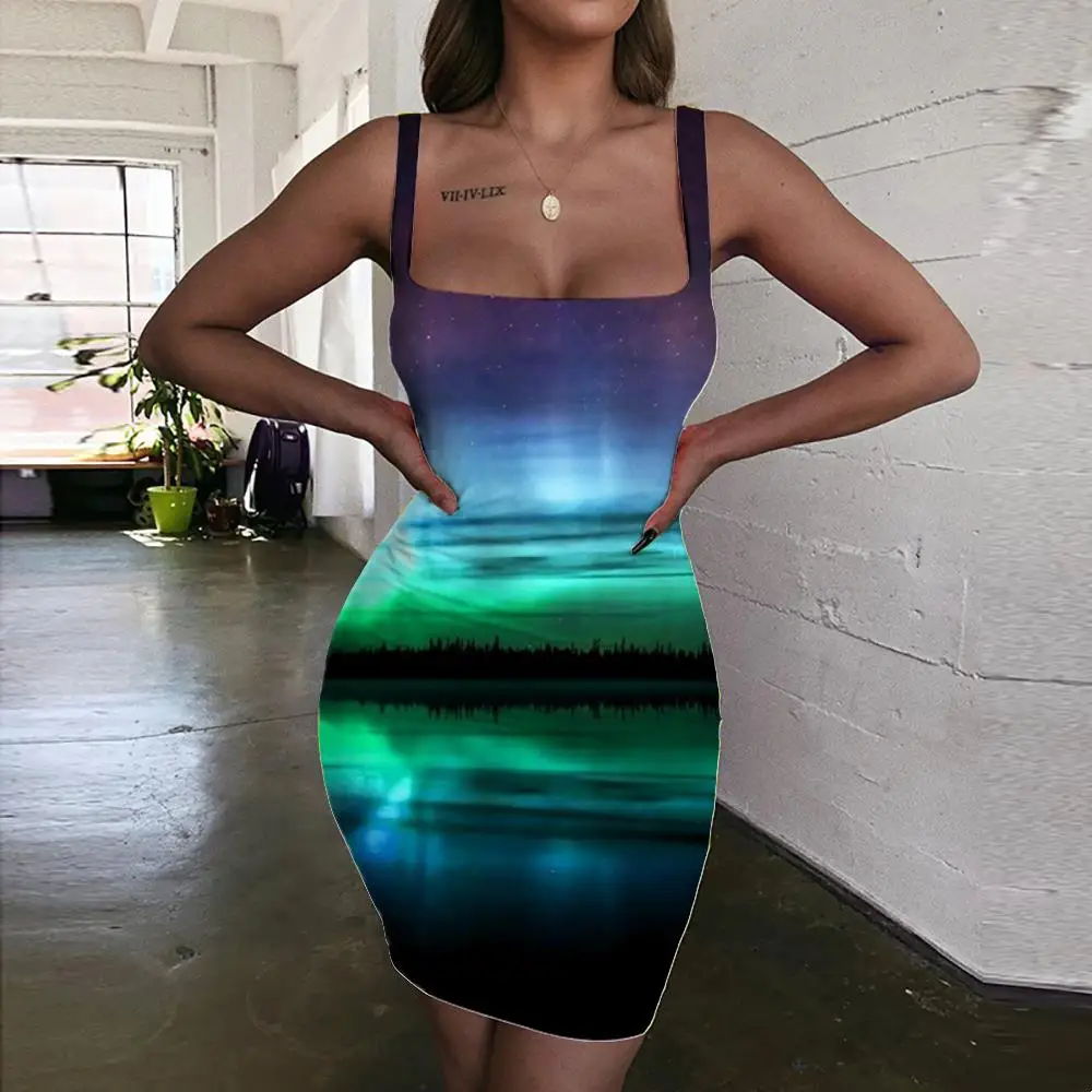 

Женское платье с лямкой на шее KYKU, темно-синее облегающее платье с принтом озер и 3d принтом, лето 2019