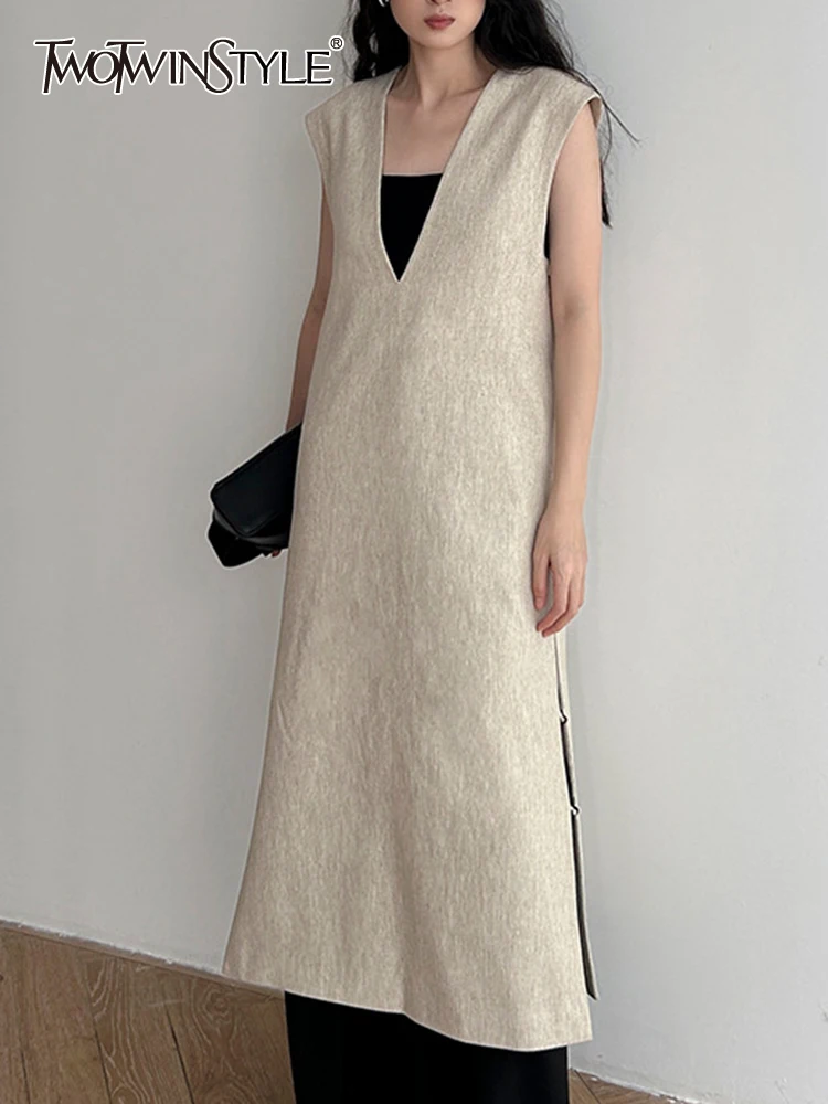 

TWOTWINSTYLE Solid Casual Loose Split Dresses For Women V Neck Sleeveless High Waist Temperament Dress Female Fashion Clothes