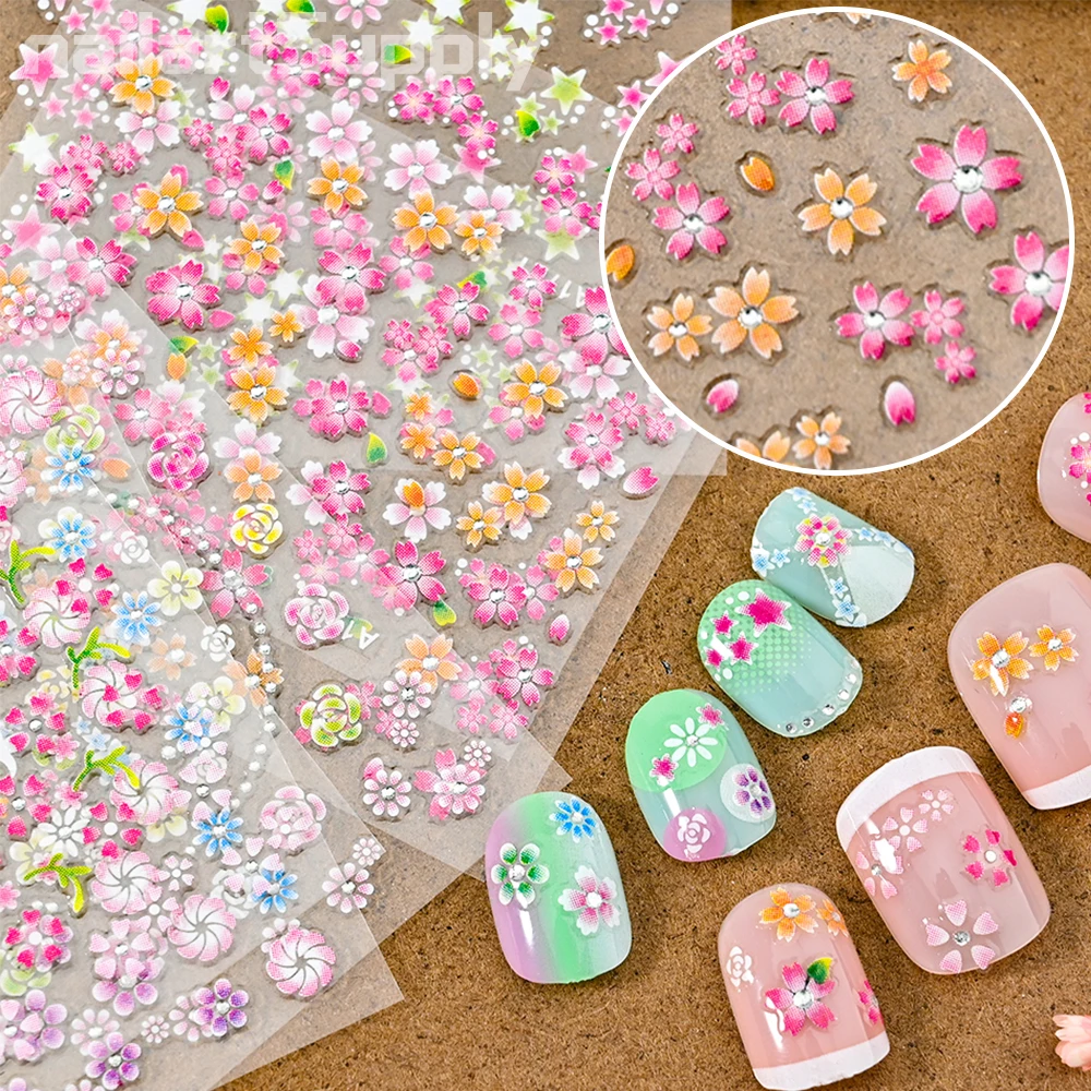 

6Sheets Spring Flora Random Nail Art Sticker Transparent Colorful Flower Leaf Butterfly Series Nail Sliders Accessories 53*63mm