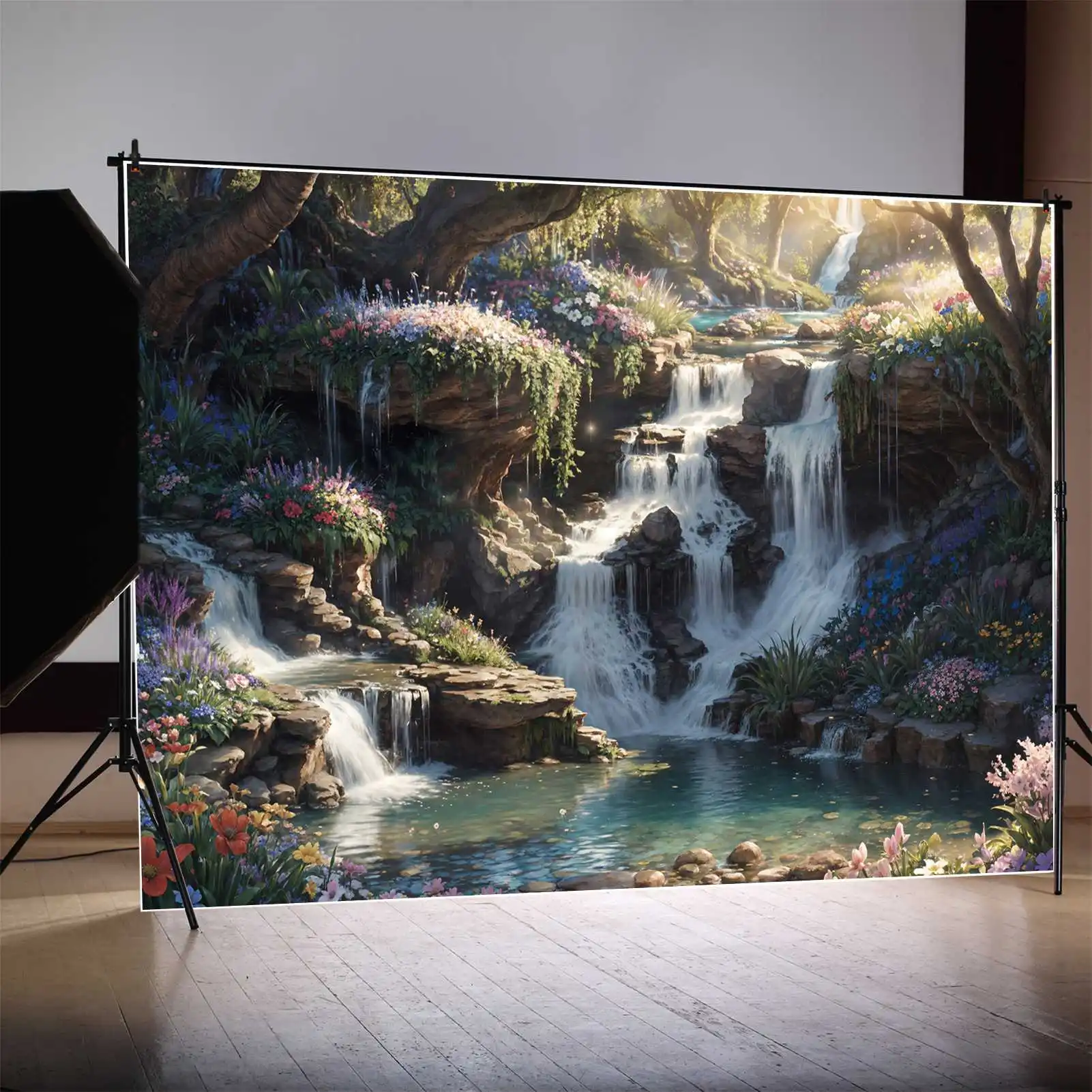 

Spring Flowers Waterfall Backdrops Photography Mountain River Stream Sunshine Personalized Baby Photo Booth Backgrounds
