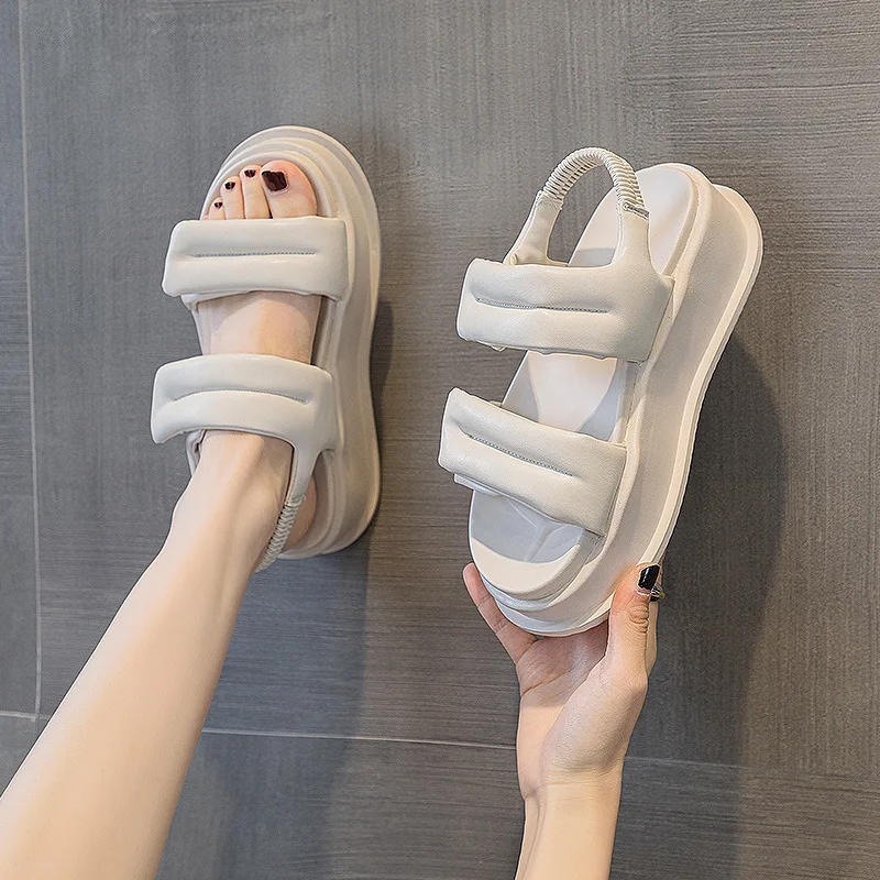 2023 New Summer 6cm Platform Women Sandals Genuine Leather Women Hook&loop Heel Elastic Band Ladies Wedge Chunky Shoes