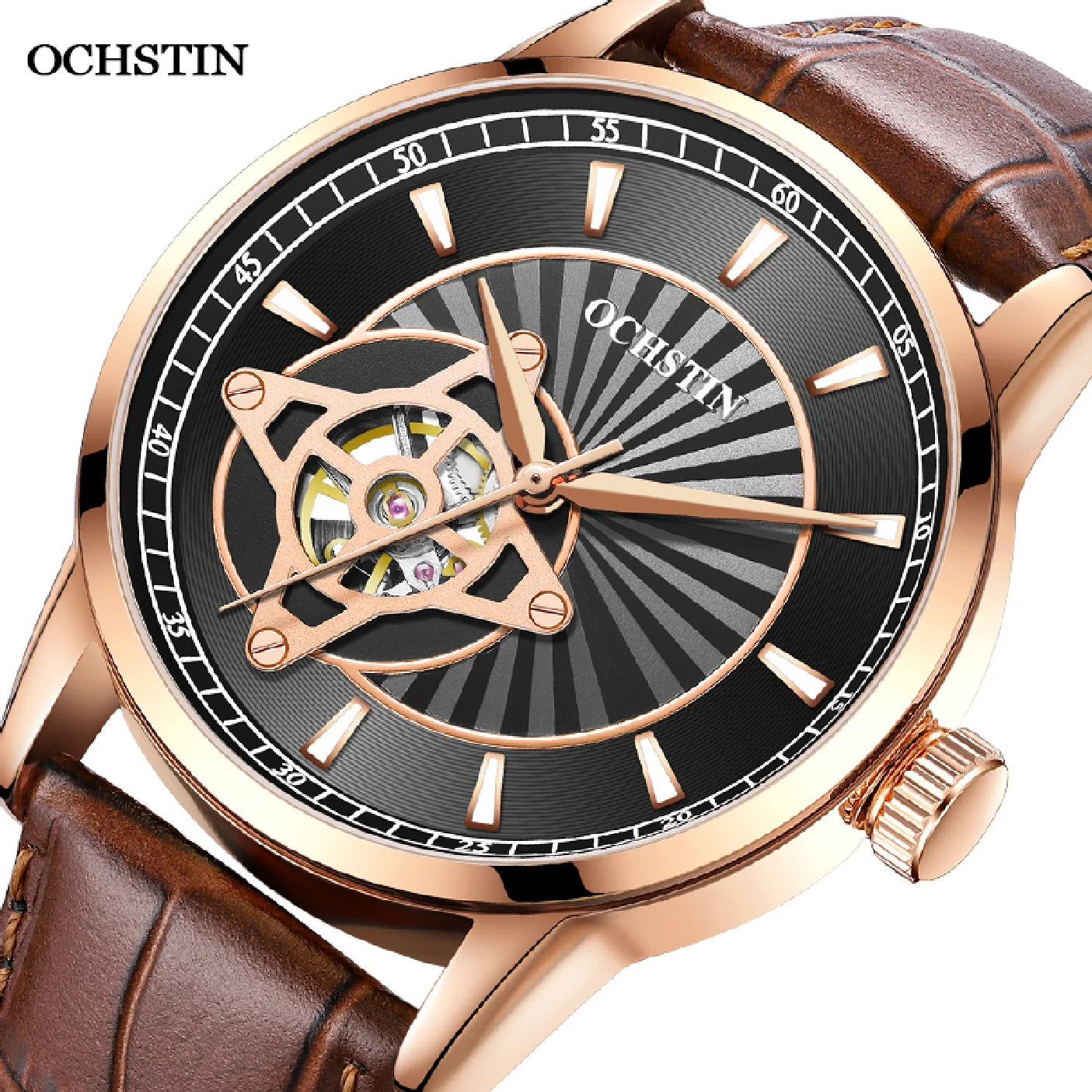 

Часы наручные Ochstin мужские, модные брендовые Роскошные автоматические механические с кожаным ремешком, с механизмом