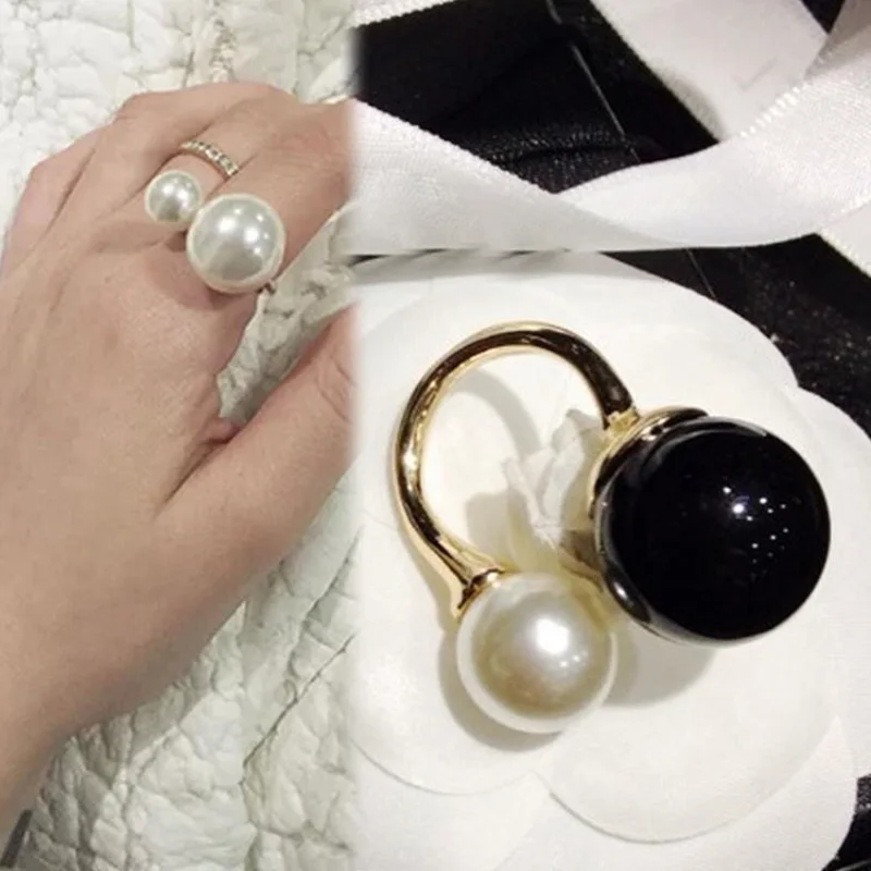 

Rings for Women 1pcs Chic Fashion Double Pearl White Black Opening Adjustable Ring Gift New Rings 2021 Trend