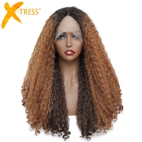 afro curly ombre brown colored synthetic lace front wig for black women transparent soft swiss lace wig for gift party x tress
