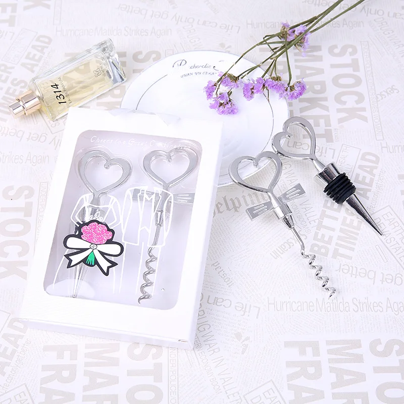 

100pcs Wedding Souvenirs for guest Heart Shape combination Couple wine bottle opener corkscrew and Stopper Set