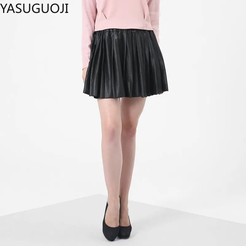 Модные черные женские юбки YASUGUOJI из искусственной кожи с мехом летняя эластичная