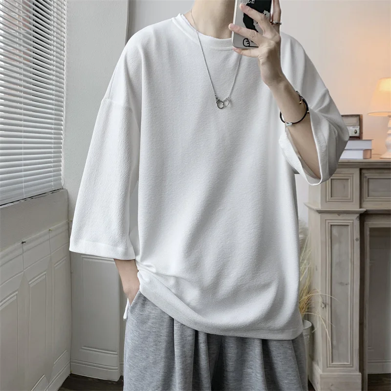 

Summer Short-sleeved T-shirt Men Fashion Breathable Oversized Ice Silk T Shirt Men Streetwear Korean Loose Round Neck Tshirt Men
