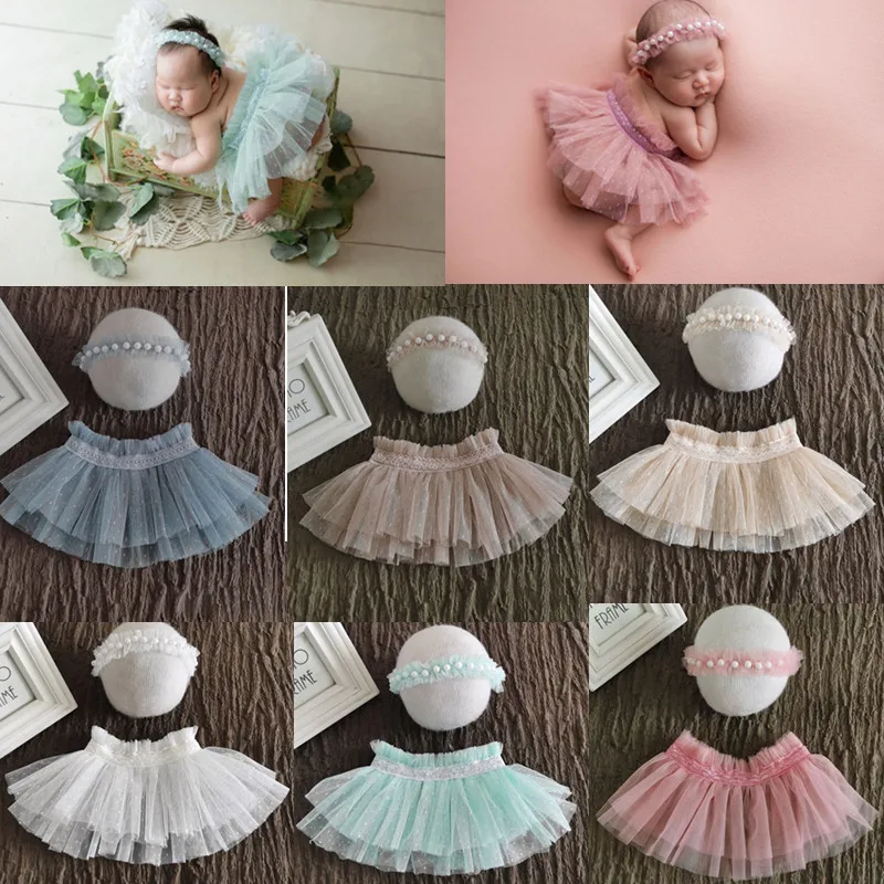 Newborn Photography Clothing Headband+Skirt Set Studio Female Baby 0-1 Month Photo Prop Accessories Infant Shooting Tulle Skirt